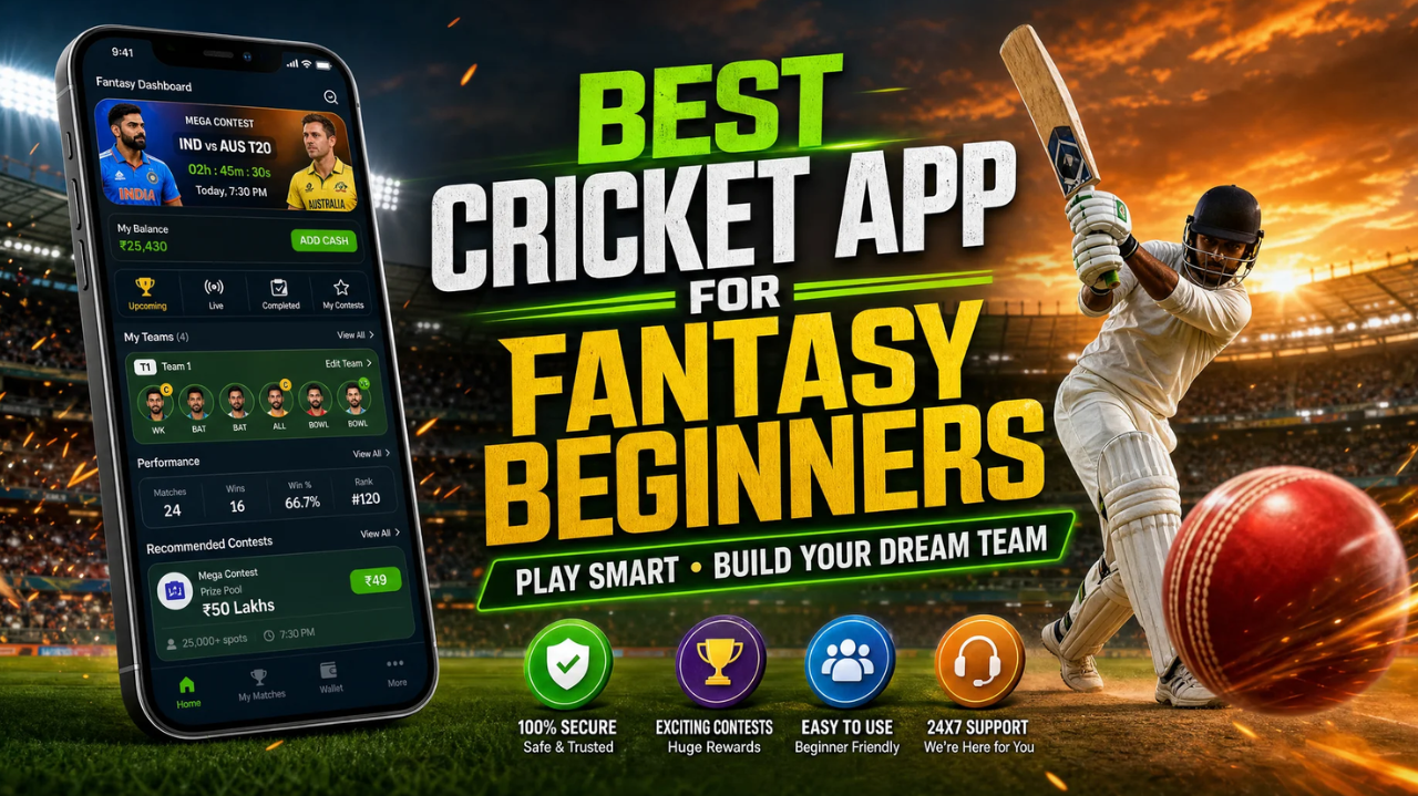 cricket fantasy app artwork with batter, stadium and fantasy beginners headline